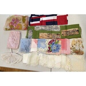 Lot of 18 Vintage Handkerchiefs, Scarves, Wrist Bow, Bag - Floral, Lace, Silk